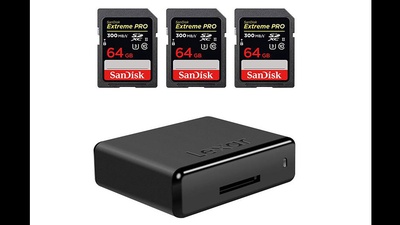 3 x 64GB SD Sandisk Extreme 300MB/s + Lexar USB 3 Lesegerät