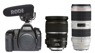 Canon 5D mit 17-55mm 1:2.8 Zoom, 70-200mm 1:2.8 und Mikro